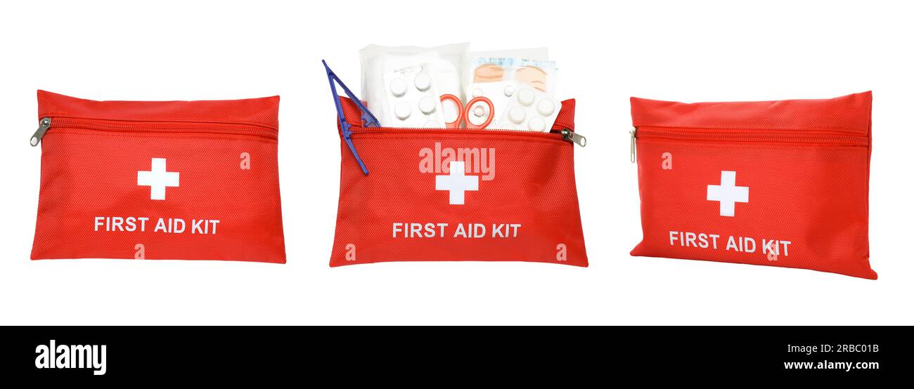Collage with first aid kit on white background Stock Photo - Alamy