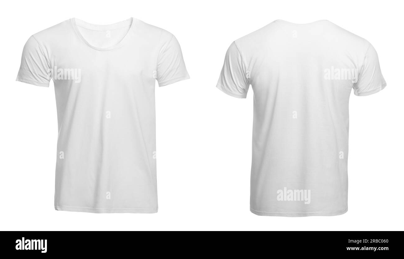 Stylish basic t-shirt on white background, front and back views. Space for design Stock Photo