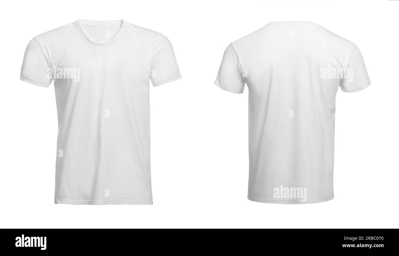 Stylish basic t-shirt on white background, front and back views. Space ...
