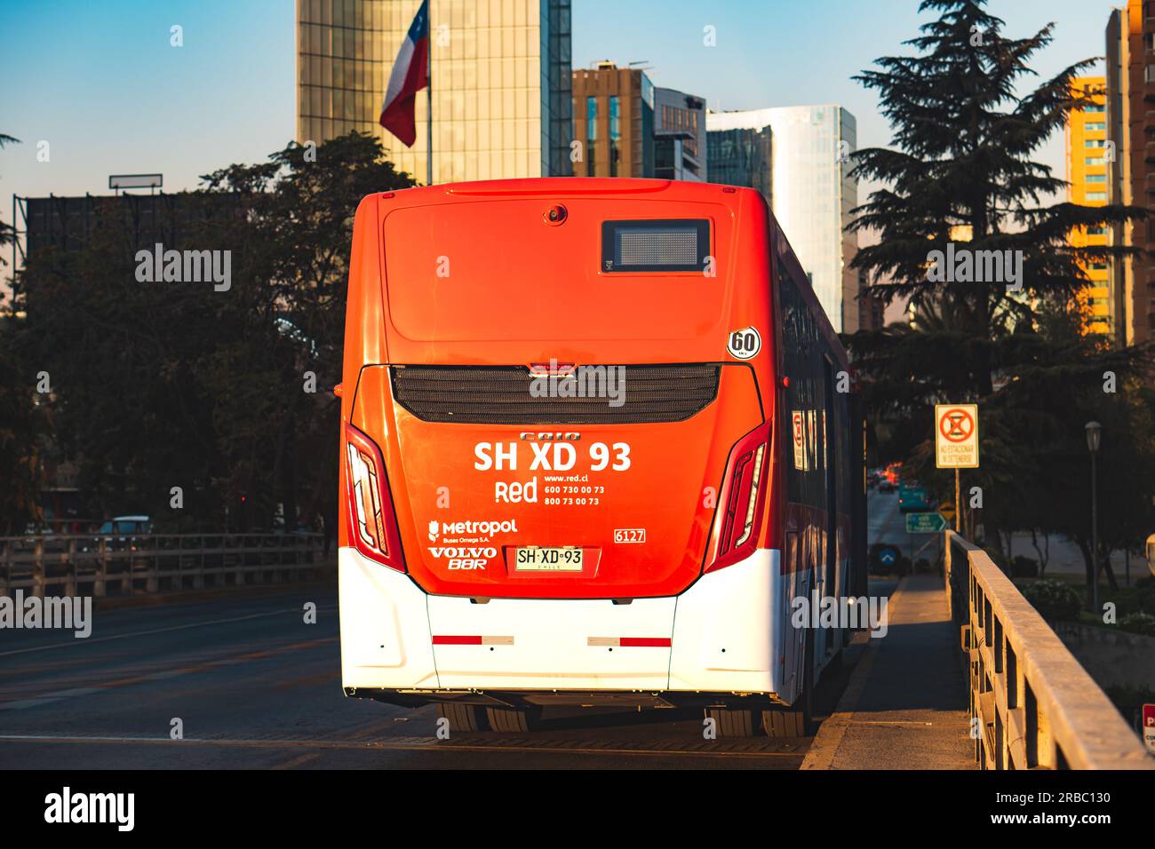 Santiago, Chile - March 24 2023: A public transport Transantiago, or Red Metropolitana de Movilidad, bus doing route C18 Stock Photo