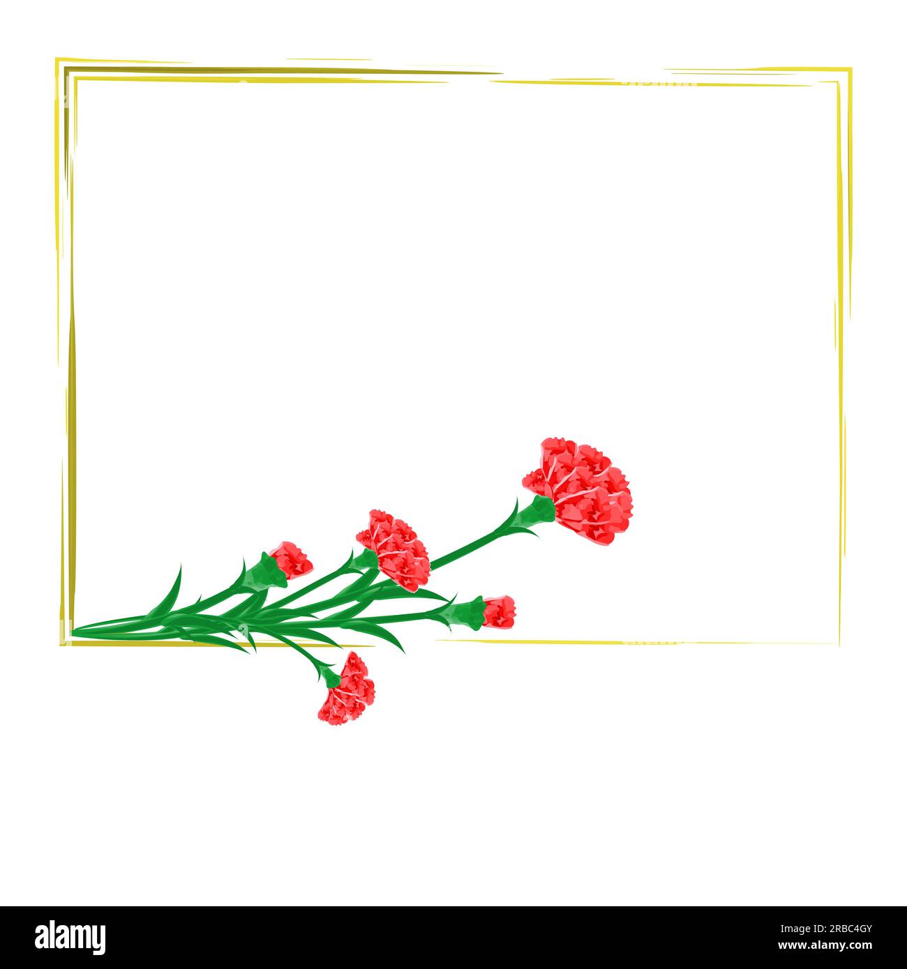 Red carnations cover rectangle golden frame. Watercolor illustration