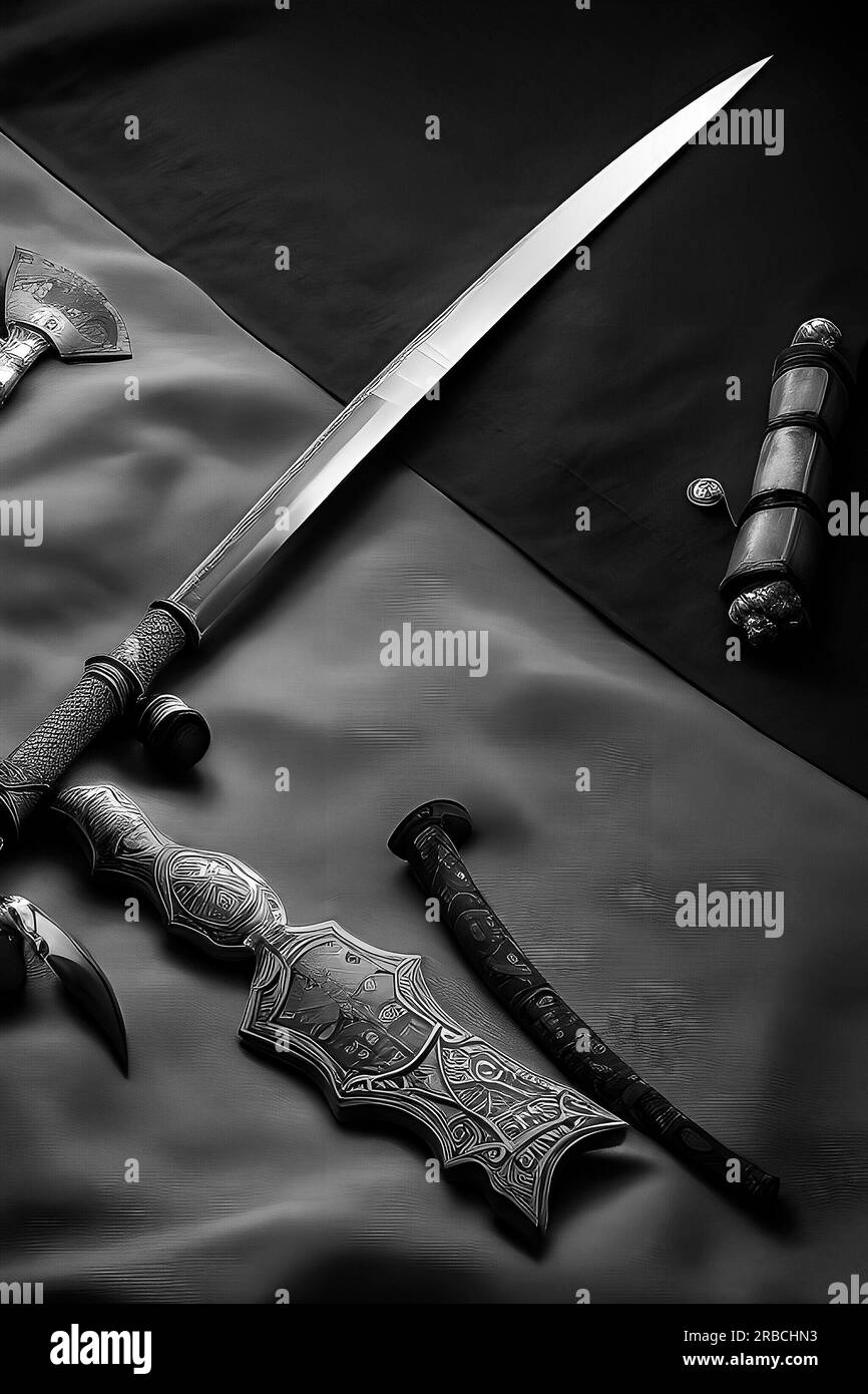 Photo shields and swords, edged weapons, medieval edged weapons Stock Photo