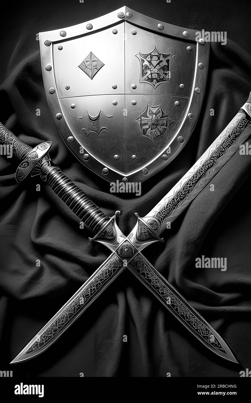 Photo shields and swords, edged weapons, medieval edged weapons Stock Photo