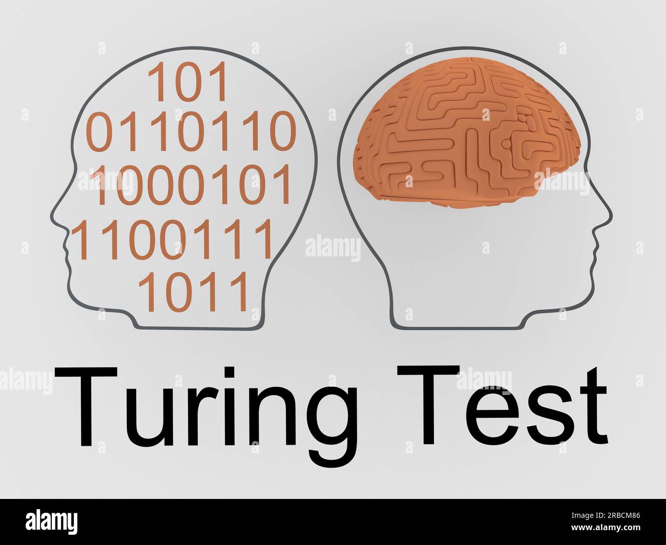 3D illustration of two head silhouettes: one contains human brain ,while the other contains a string of binary numbers, titled as Turing Test. Stock Photo