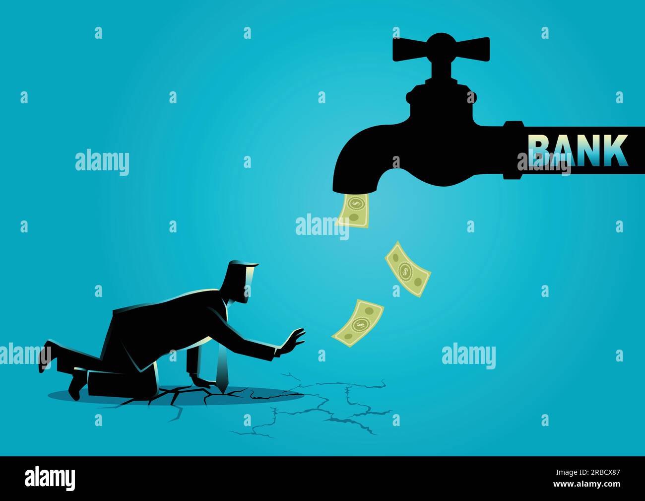 Business concept vector illustration of an exhausted businessman approaching a water tap flow with bank notes Stock Vector