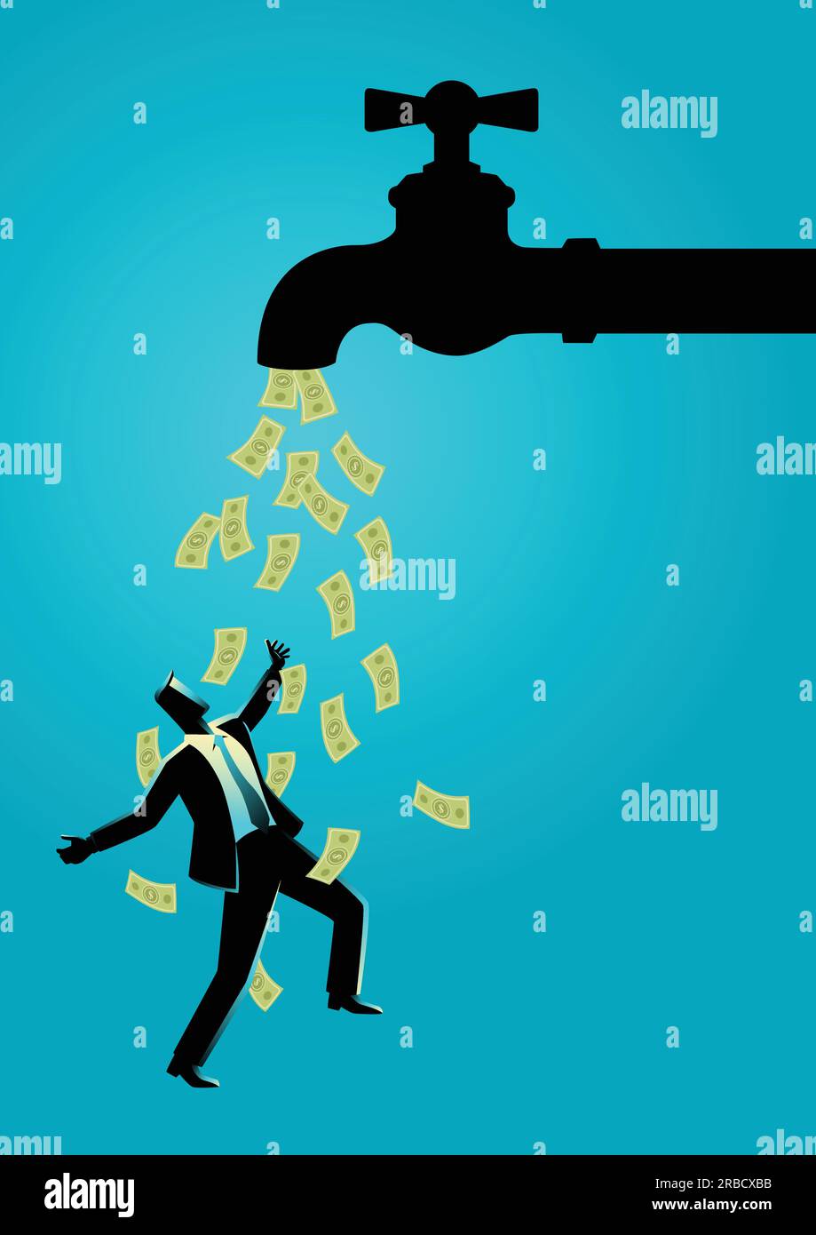 Business concept vector illustration of a businessman standing under water tap flows with banknotes Stock Vector