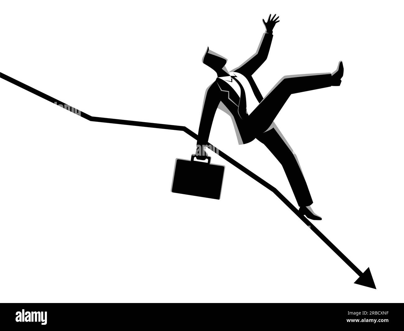 Business concept vector illustration of businessman fall down on decreasing graphic chart, business failure, crisis concept Stock Vector