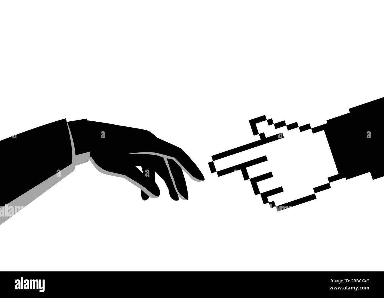 Concept vector illustration of a human hand touching pixelated hand ...