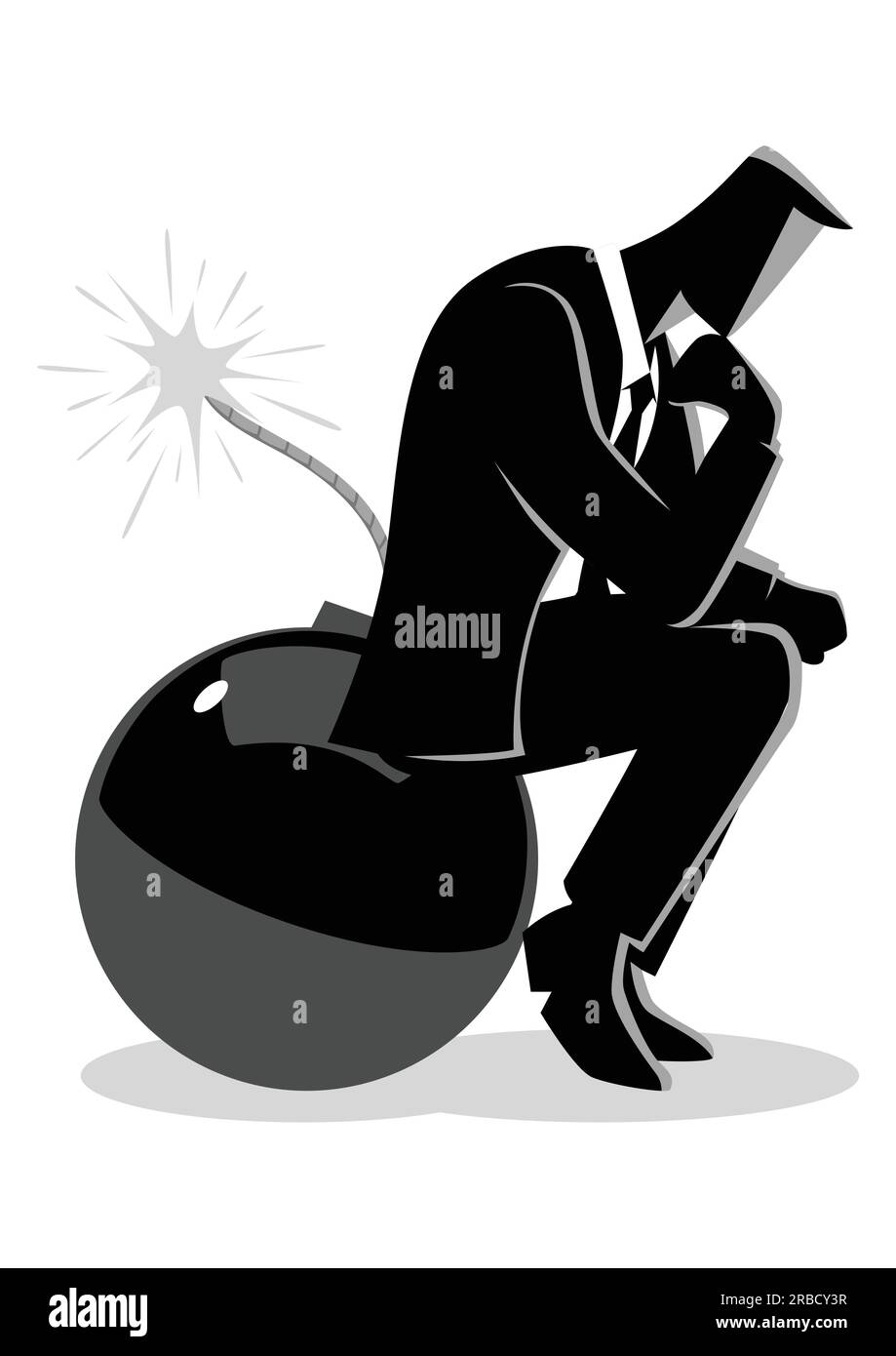Business concept illustration of a businessman sitting on a bomb while thinking, running out of time, too much thinking will kill you. Stock Vector