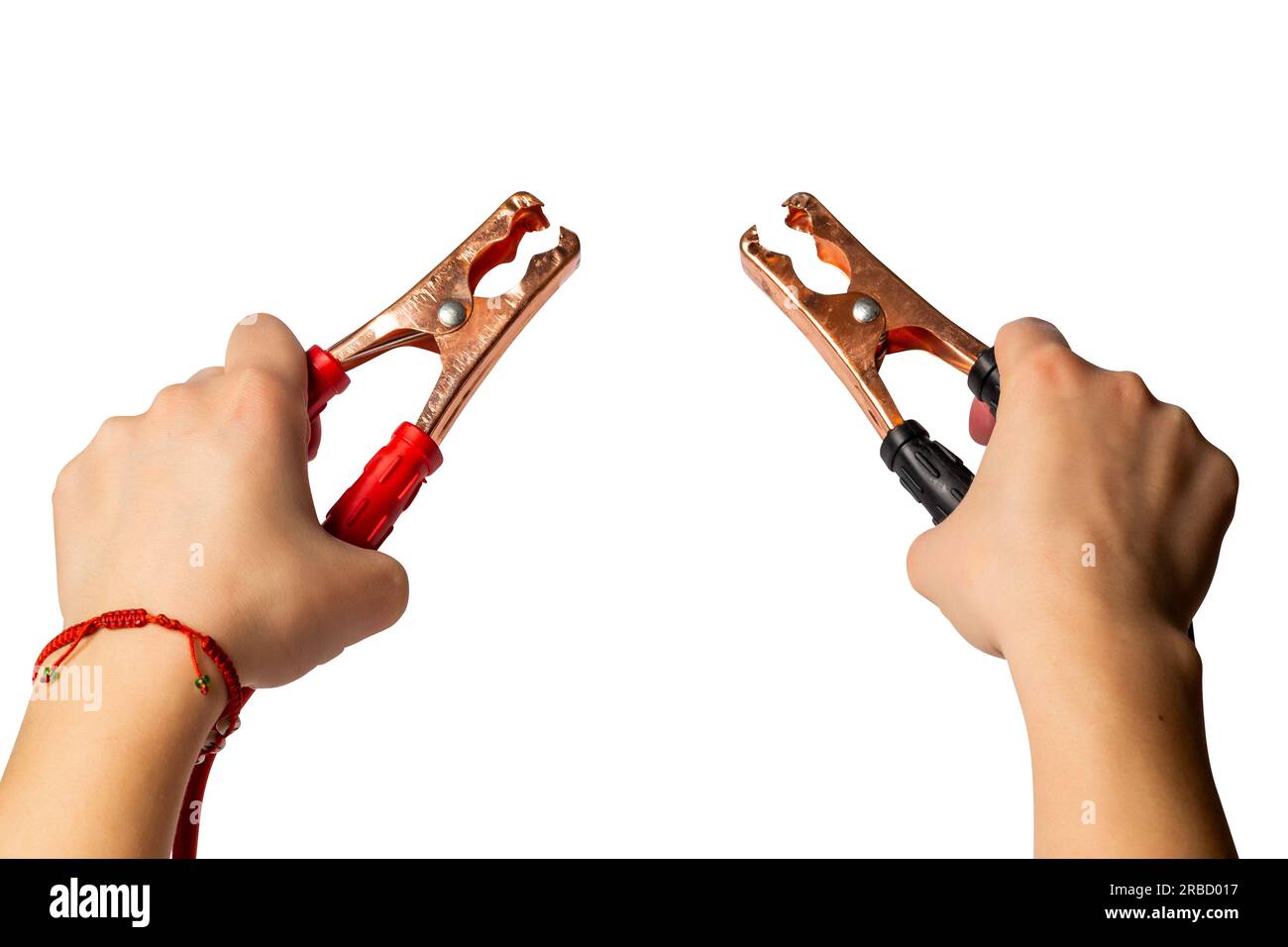 battery jumper cables in hands, isolated on white background Stock Photo