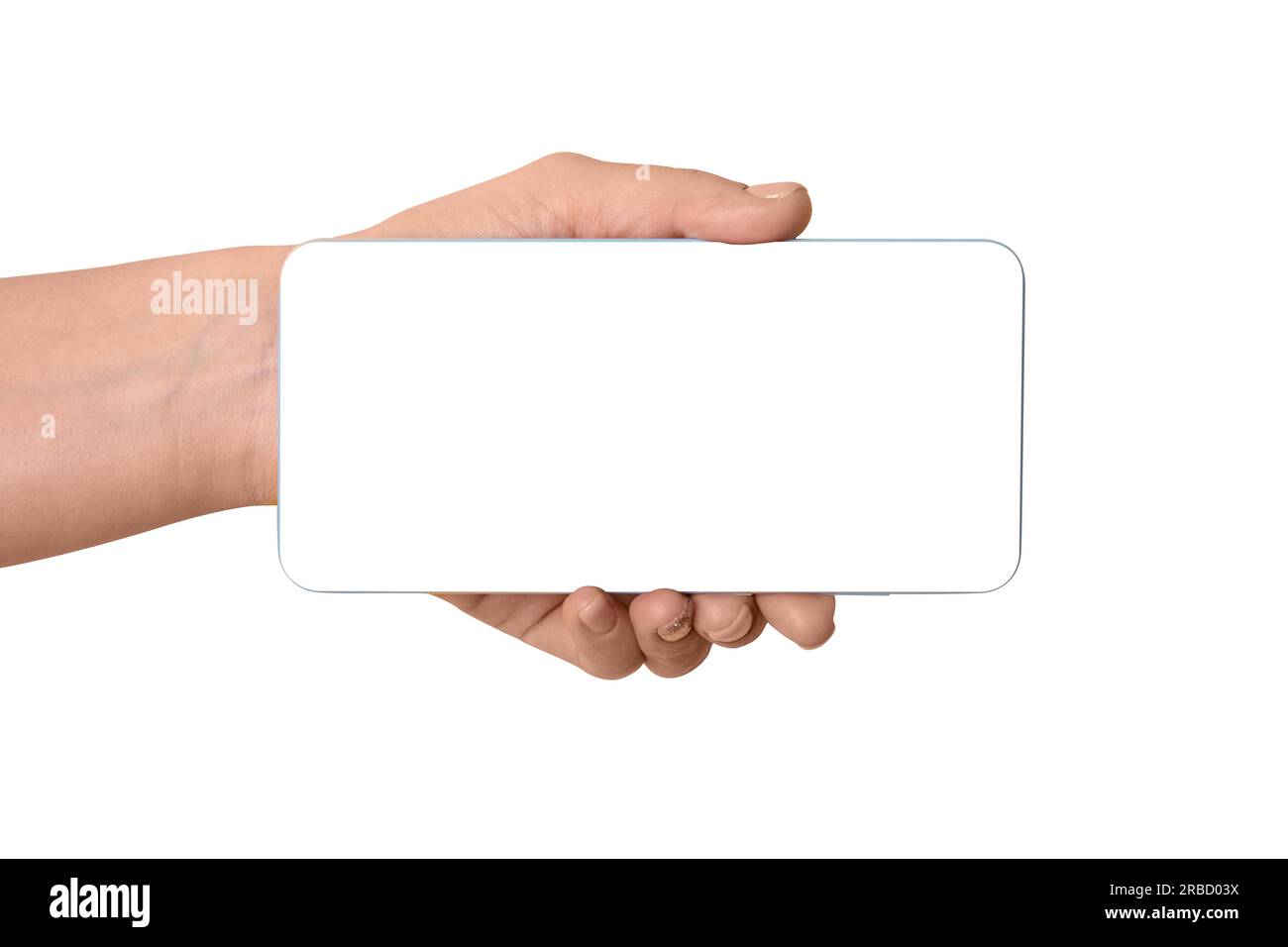 hand holding smartphone with white screen isolated on white background ...