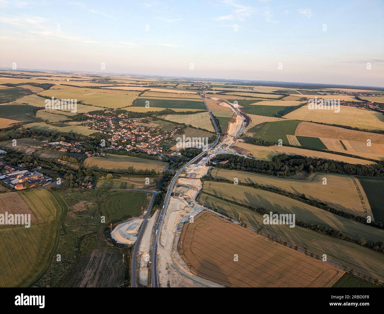 D7 motorway is a highway northwest from Prague to Chomutov and the German border,building of new highway by Louny city,speed road construction work Stock Photo