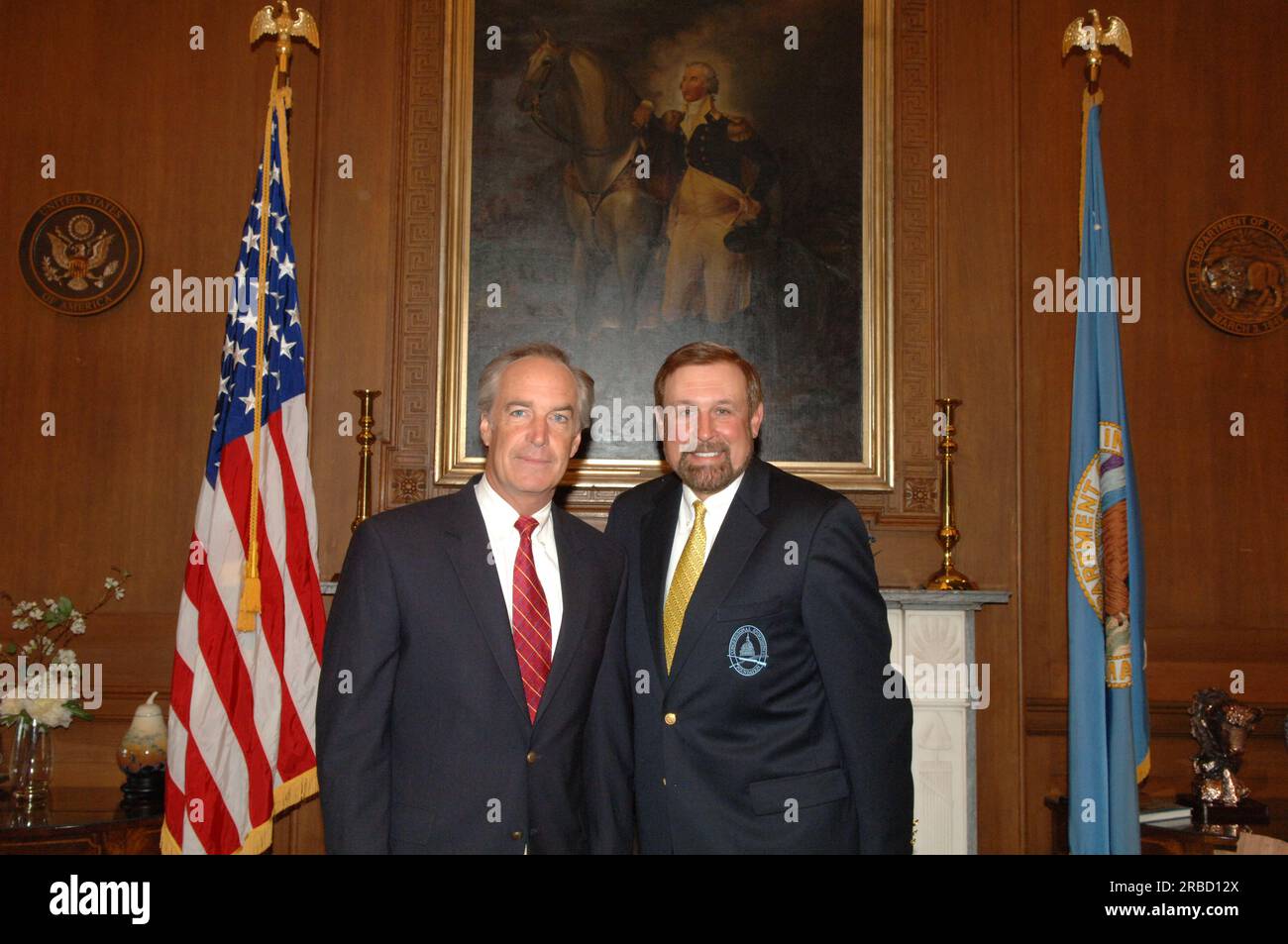 Secretary Dirk Kempthorne with Sporting Conservation Council member, and National Wild Turkey Federation Chief Executive Officer Rob Keck, 5/22/2007 Stock Photo
