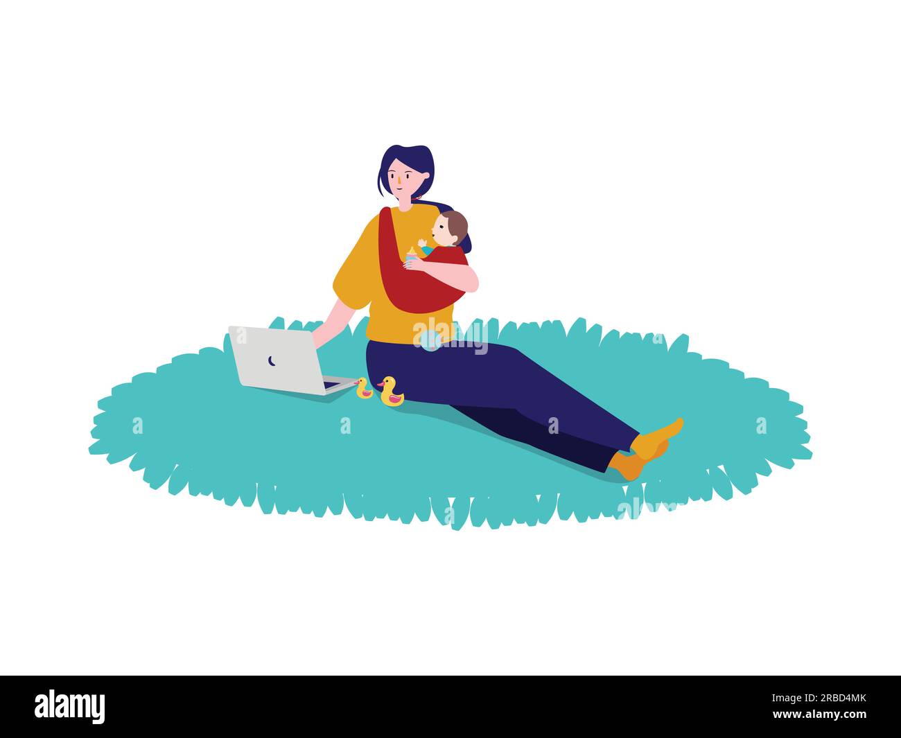 Mother work from home wireless communication distance job with take care little baby sweet cute adorable Stock Vector