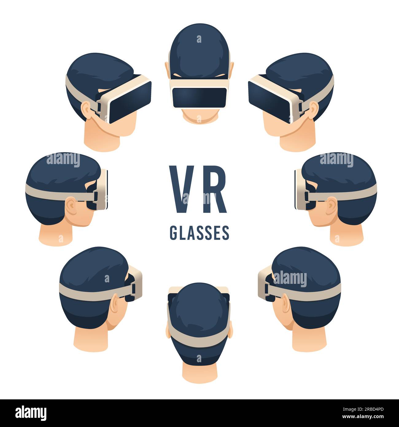 Head in vr glasses. Isometric virtual reality headset game or education