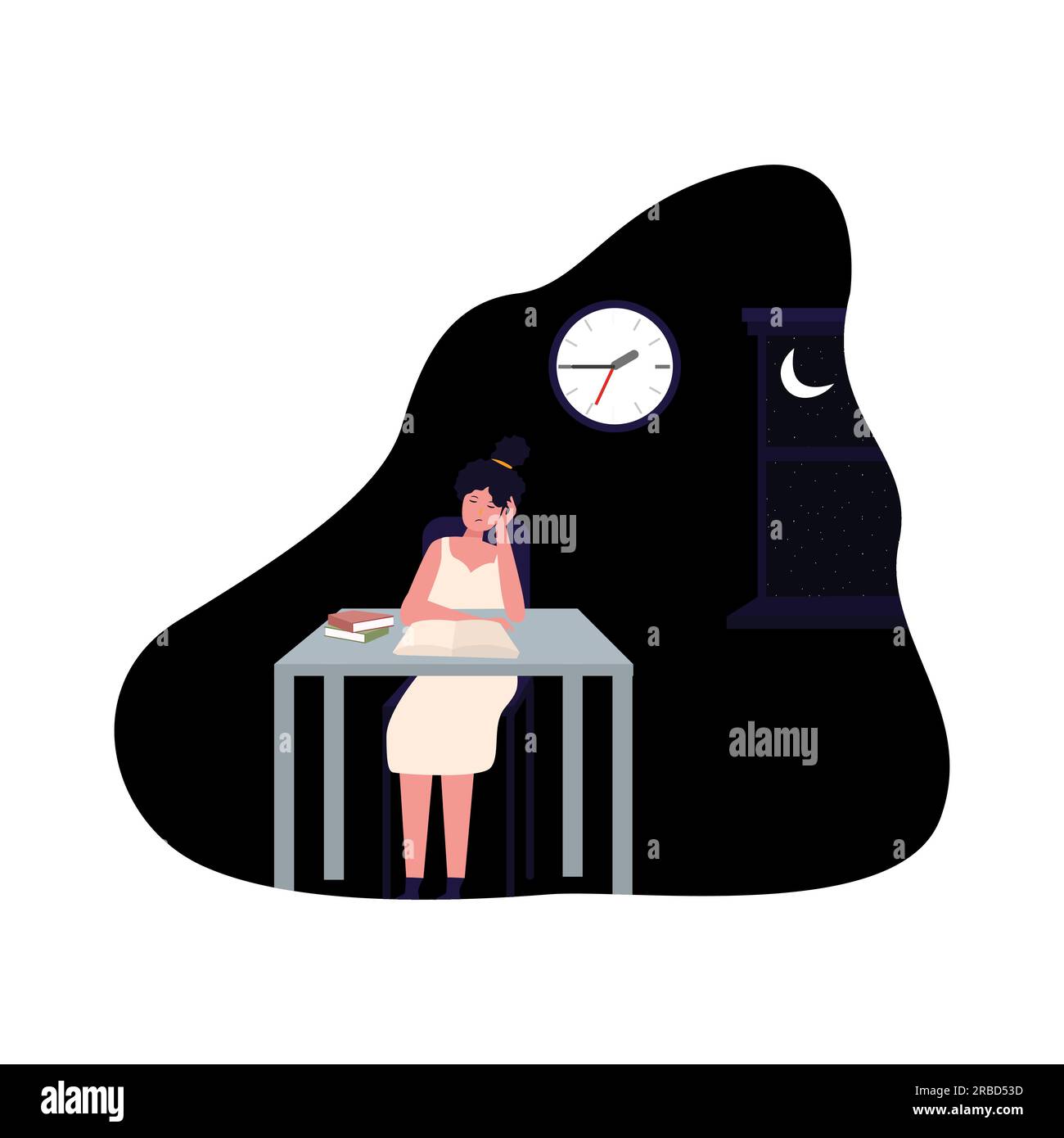 Late night working young beautiful girl sitting reading book