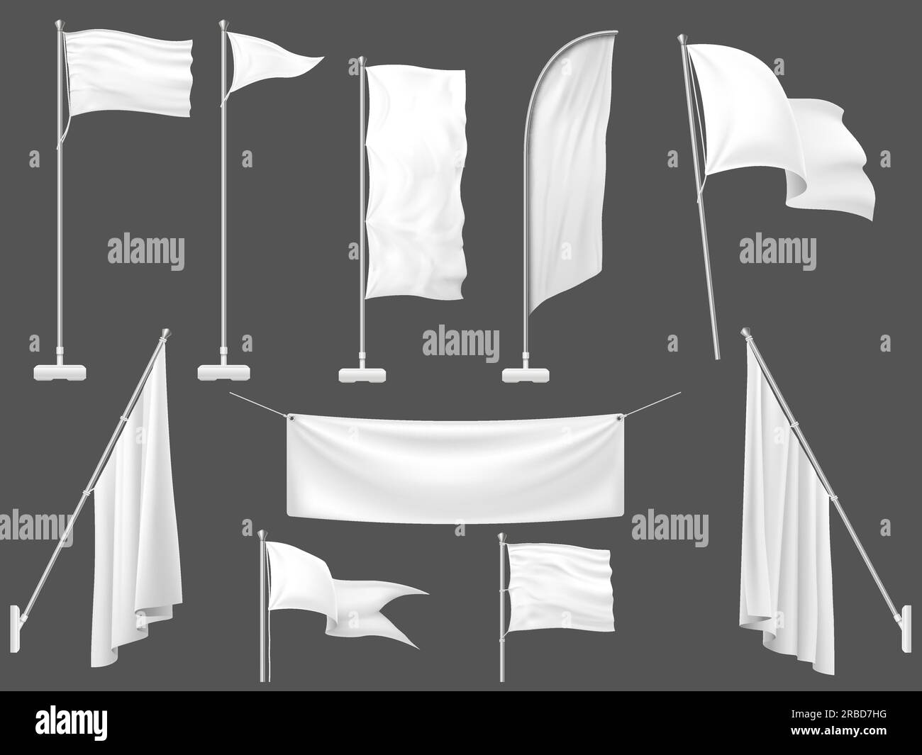 Mockup flag. White flags, blank canvas banner and fabric flag on