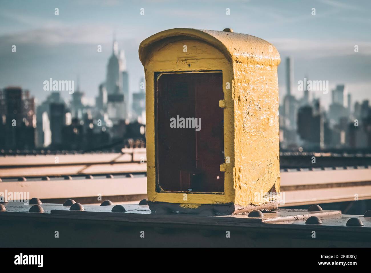 Old Police phone box on Brooklyn Bridge, New York Stock Photo