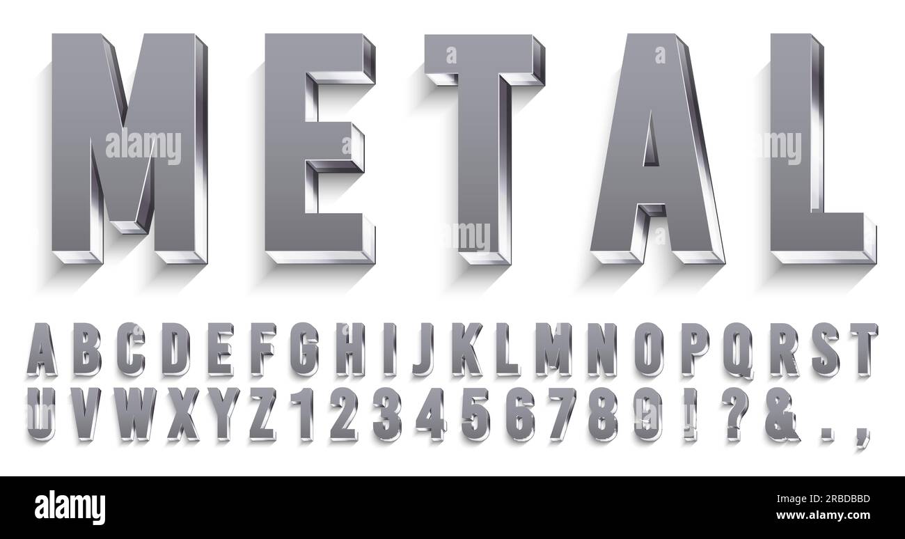 Realistic metal font. Shiny metallic letters with shadows, chrome text