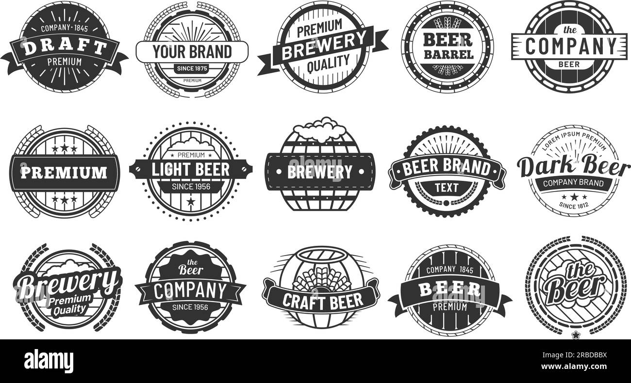 Brewery badge. Draft beer barrel emblem, retro circle badges and