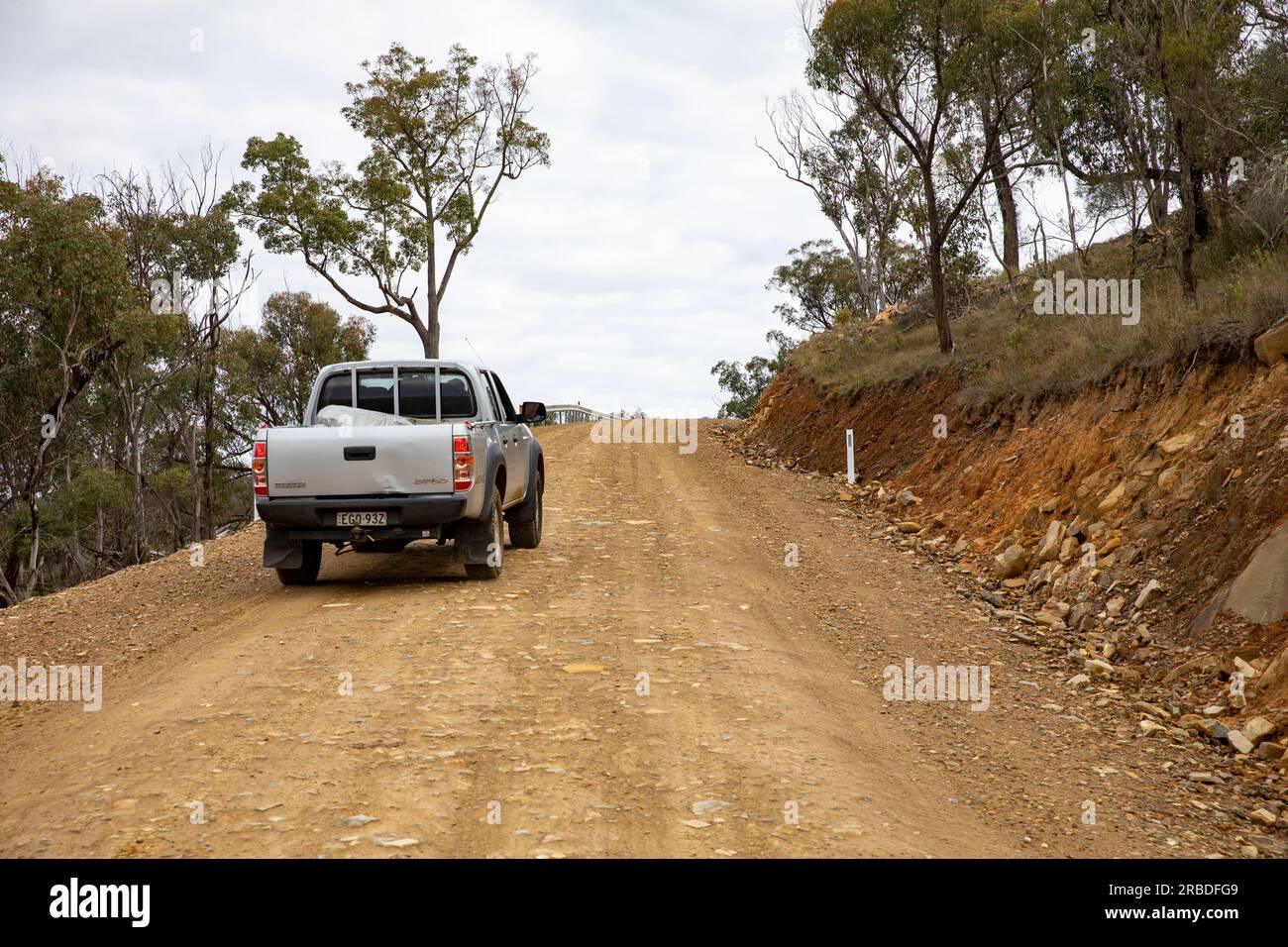 Bridle track NSW between Bathurst and Hill End, Mazda ute vehicle driving along the four wheel drive track, New South Wales,Australia, winter 2023 Stock Photo