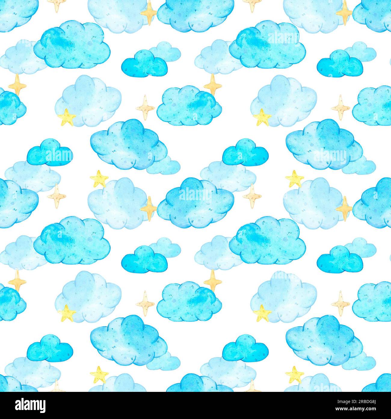 Hand drawn watercolor blue clouds seamless pattern. Isolated on white ...