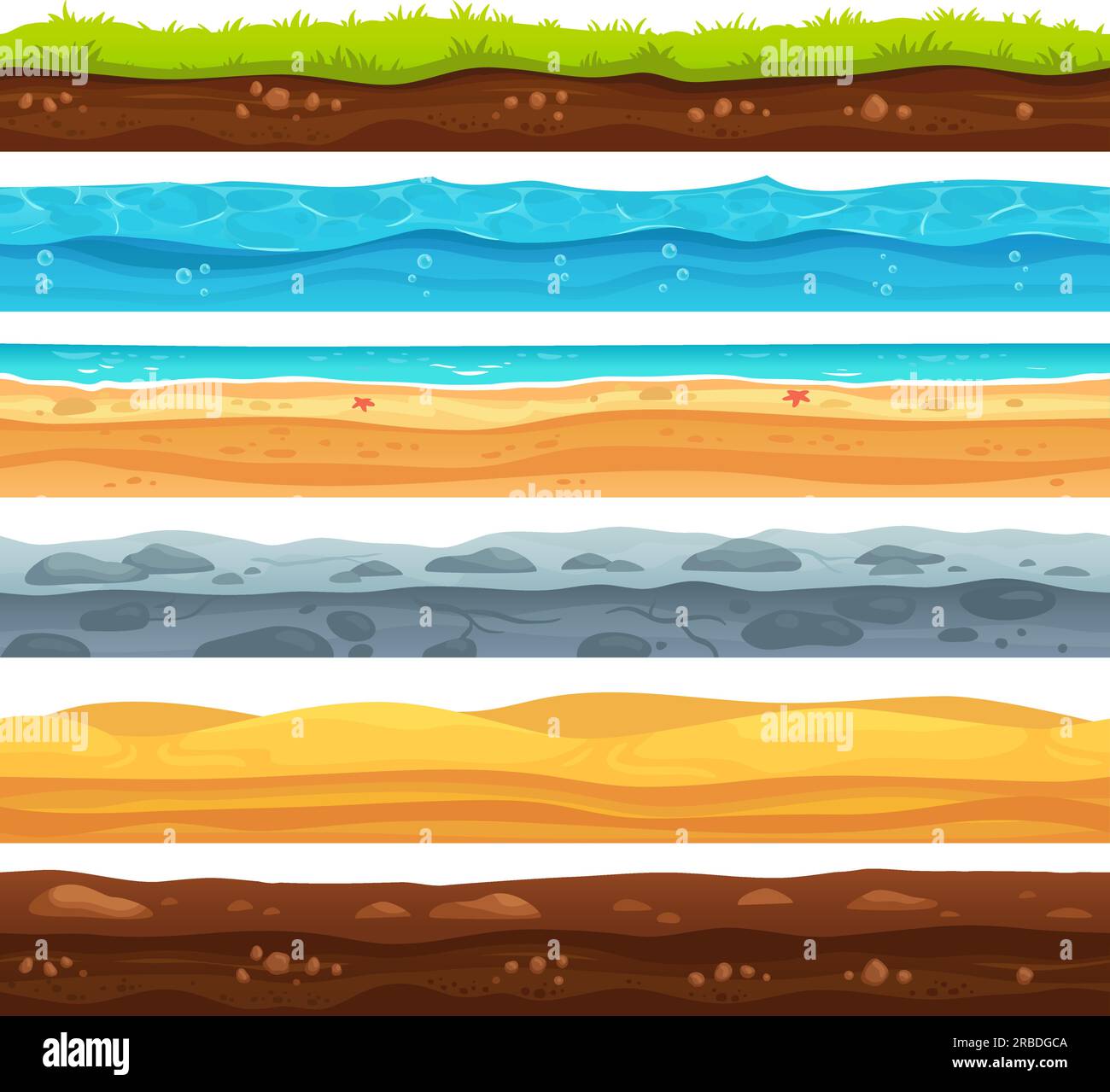 Seamless ground surface. Green grass land landscape, sandy desert and