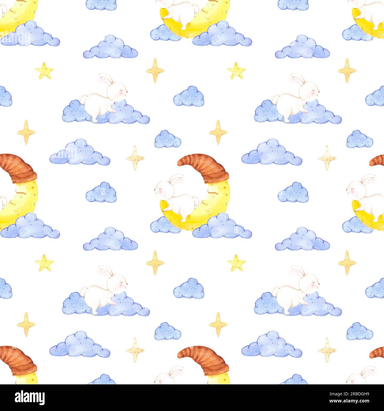 Hand drawn watercolor blue clouds with sleeping rabbit on smiling moon ...