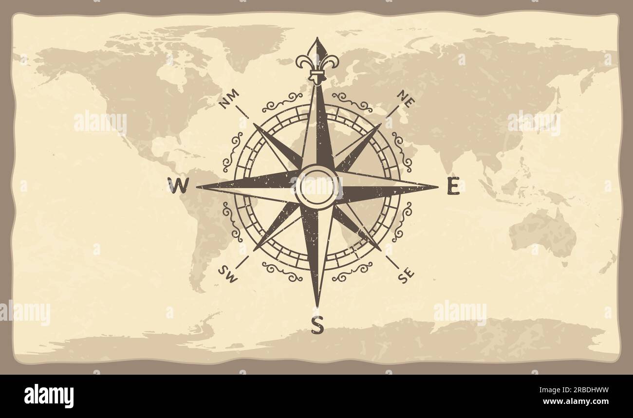 Antique compass on world map. Vintage geographic history maps with old