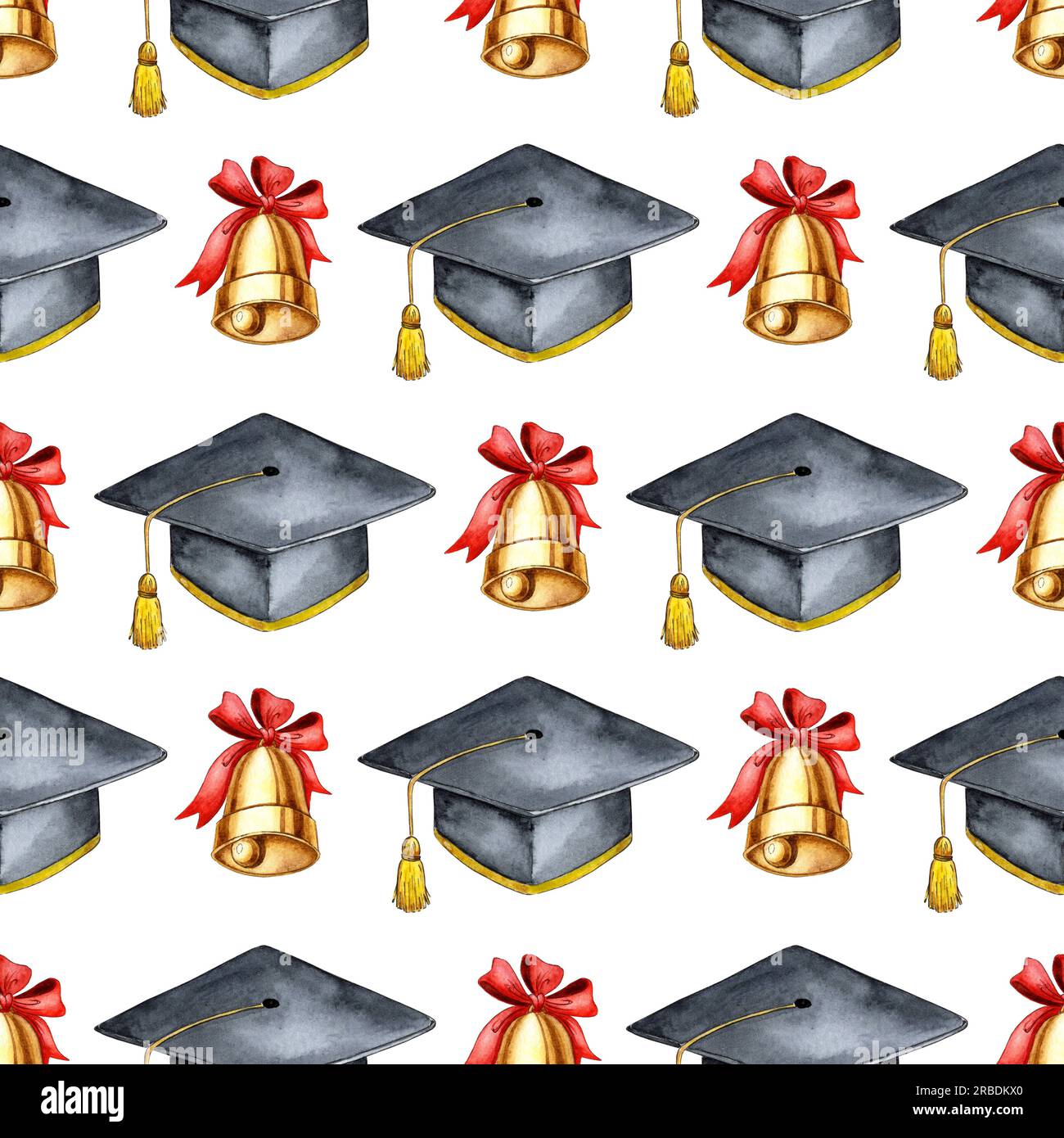Watercolor illustration of a pattern of uniform caps and a bell with a ribbon dedicated to the graduation of academic students. Black varsity hat with Stock Photo