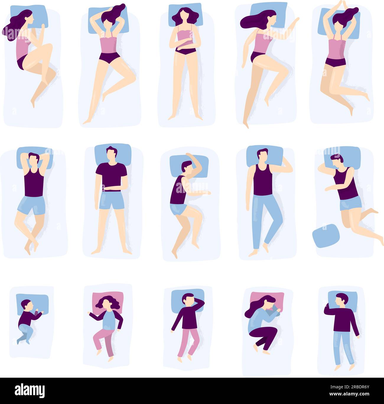 People sleeping poses. Adult and child sleep pose. Man on pillow, woman