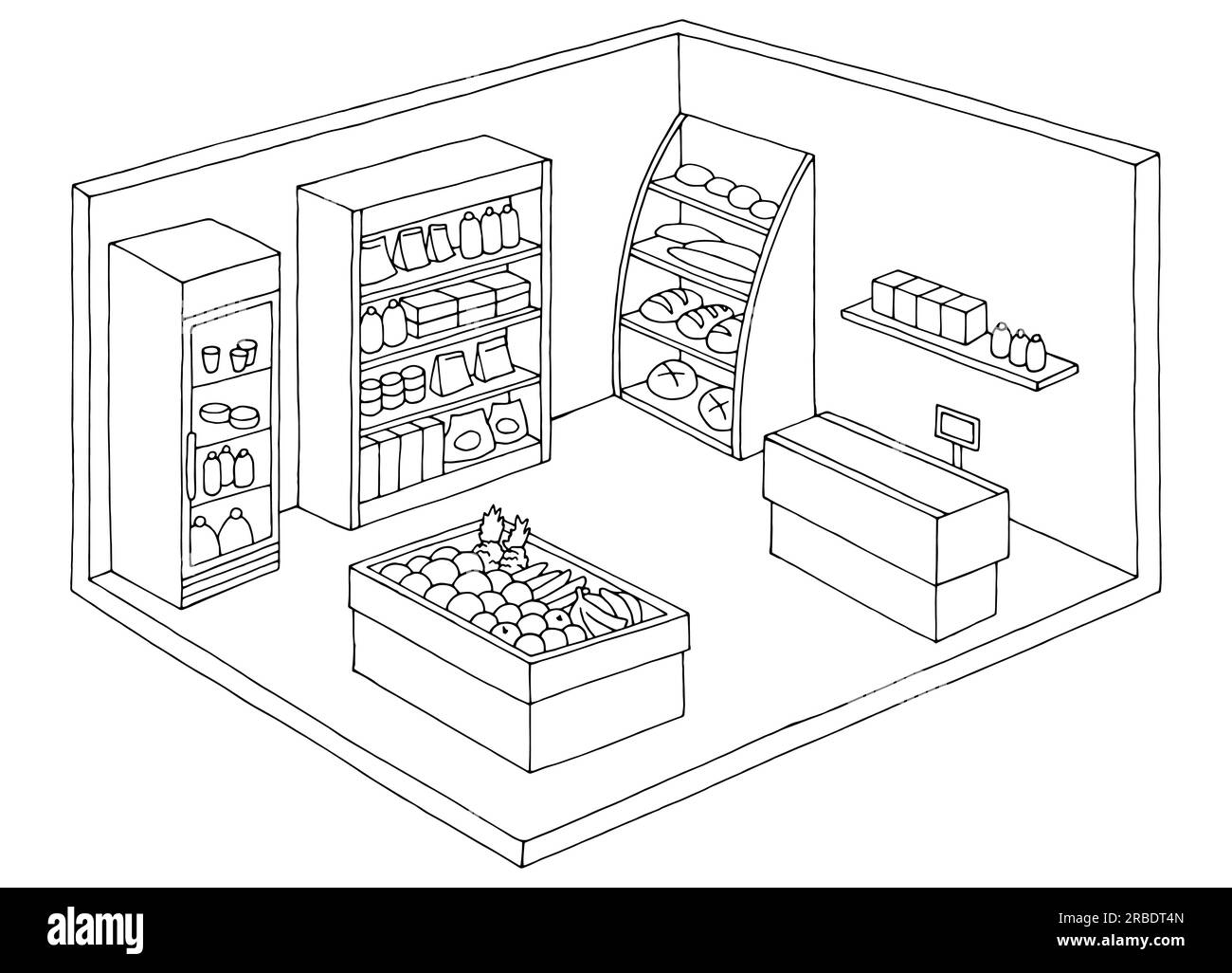 Grocery store shop interior black white graphic isolated sketch