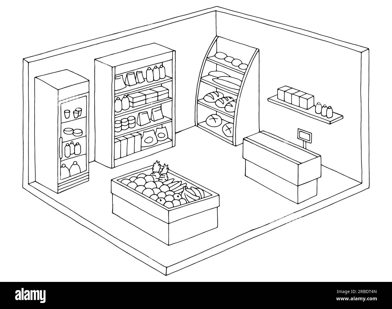 Grocery store shop interior black white graphic isolated sketch illustration vector Stock Vector