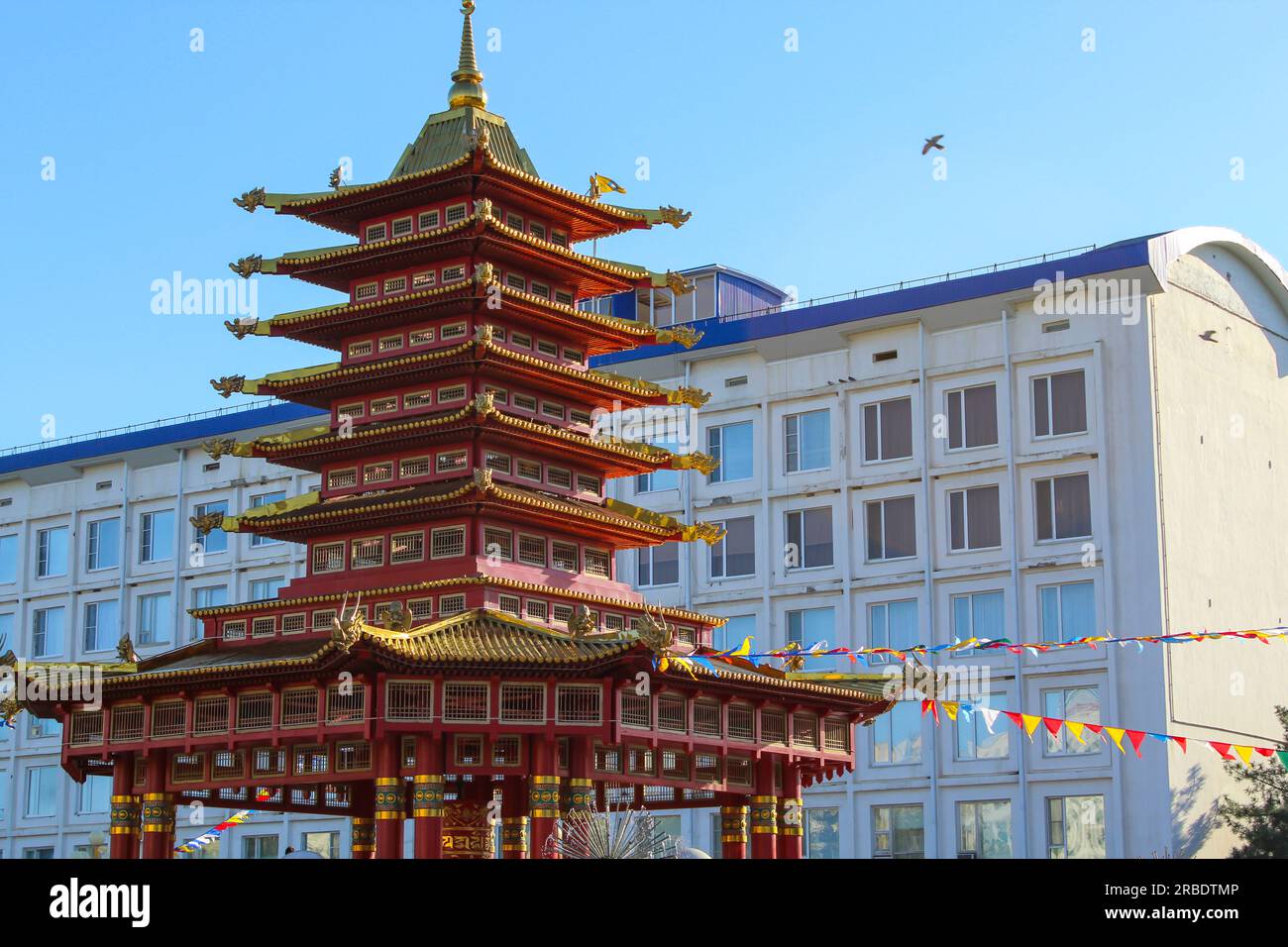 ELISTA, RUSSIA, Photo of Seven Days Pagoda against the hotel Stock Photo