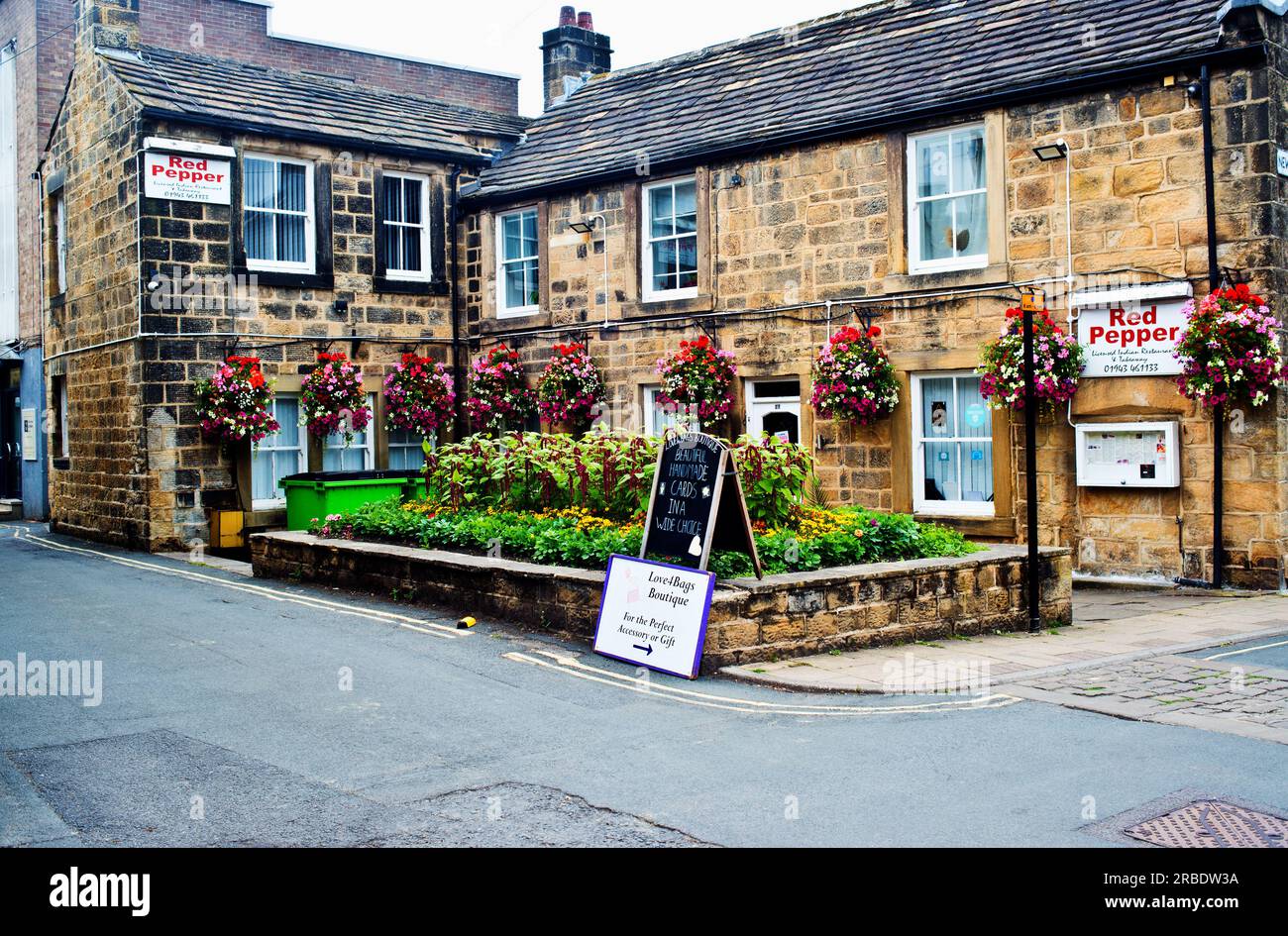 Boutique and Indian Restaurant, Newmarket, Otley, West Yorkshire, England Stock Photo