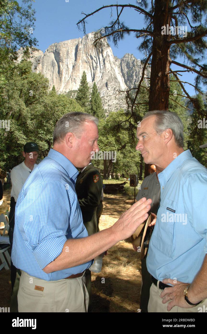 Visit of Secretary Dirk Kempthorne to Yosemite National Park, California, where he joined National Park Service Director Mary Bomar, California Congressman Howard 'Buck' McKeon, and other officials at a press conference announcing more than 200 proposed 'ready to go' projects to be undertaken in National Parks around the country as part of the National Park Centennial Initiative. The Initiative, launched the previous August, is designed to prepare National Parks for another century of conservation and preservation in time for the National Park Service's 100th anniversary in 2016. Stock Photo