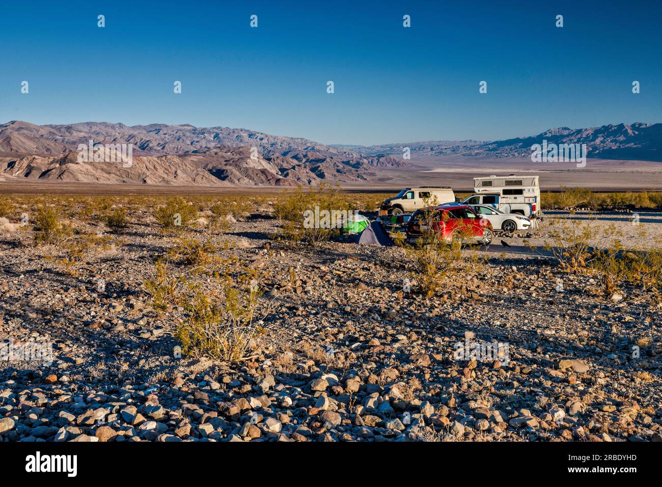 Emigrant Campground, Cottonwood Mountains on left, Amargosa Range on right in distance, sunrise, Death Valley National Park, California, USA Stock Photo