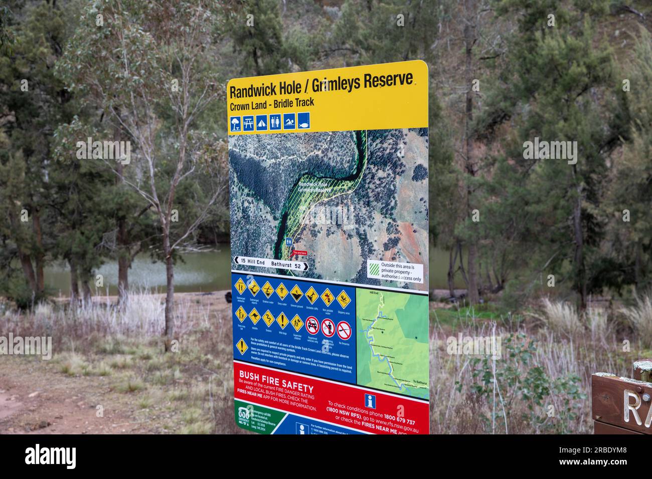 Hill End bridle track and Randwick hole and Grimley's reserve camp site beside Macquarie river, NSW,Australia Stock Photo