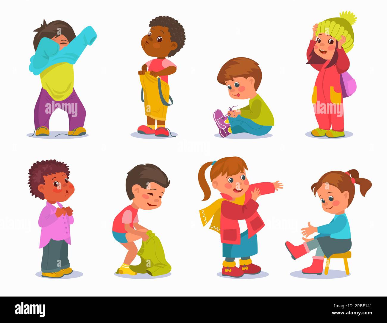 Cute boys and girls dressing up. Kids put on clothes and shoes. Happy