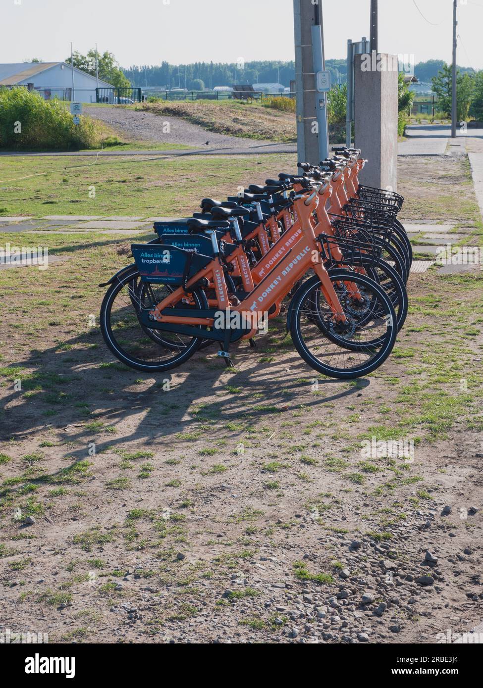 Kruibeke, Belgium, July 08, 2023, Orange shared bicycles from the company Donkey Republic, with the inscription, everything within walking distance th Stock Photo
