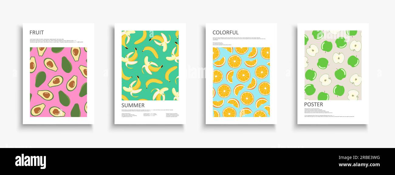 Set of colorful summer posters, templates, backgrounds placards, brochures, banners, flyers and etc. Bright fruits covers. Vibrant tropical prints Stock Vector