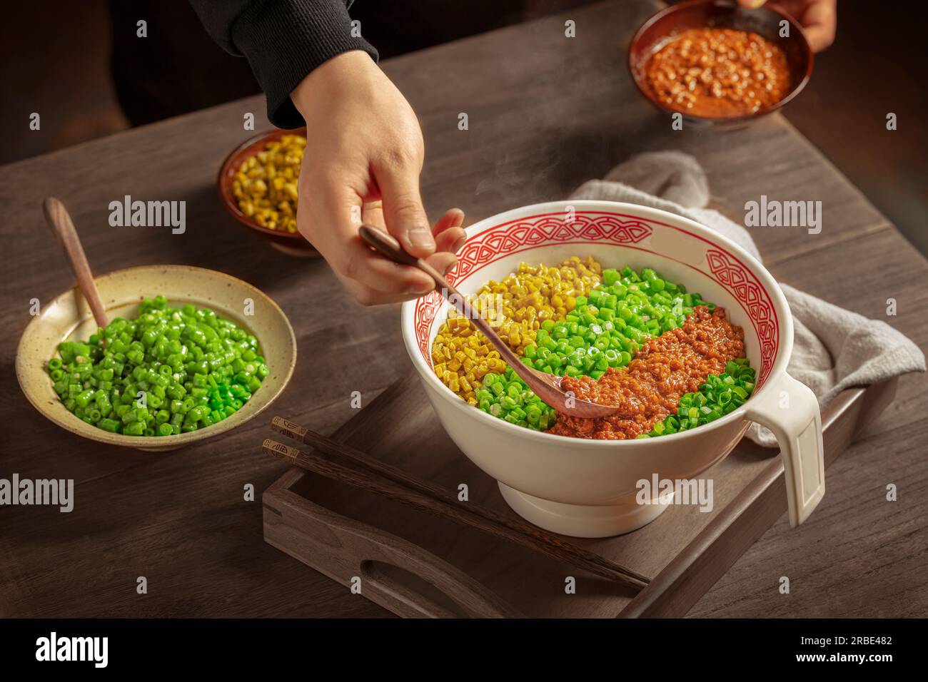Zhajiangmian, (Chinese dish of ground pork over wheat noodles) Isolated