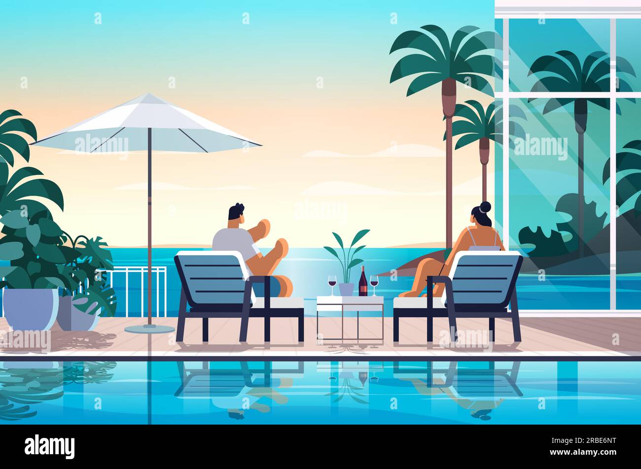 people relaxing at tropical luxury resort hotel beach swimming pool and poolside seating area summer vacation concept seaside Stock Vector