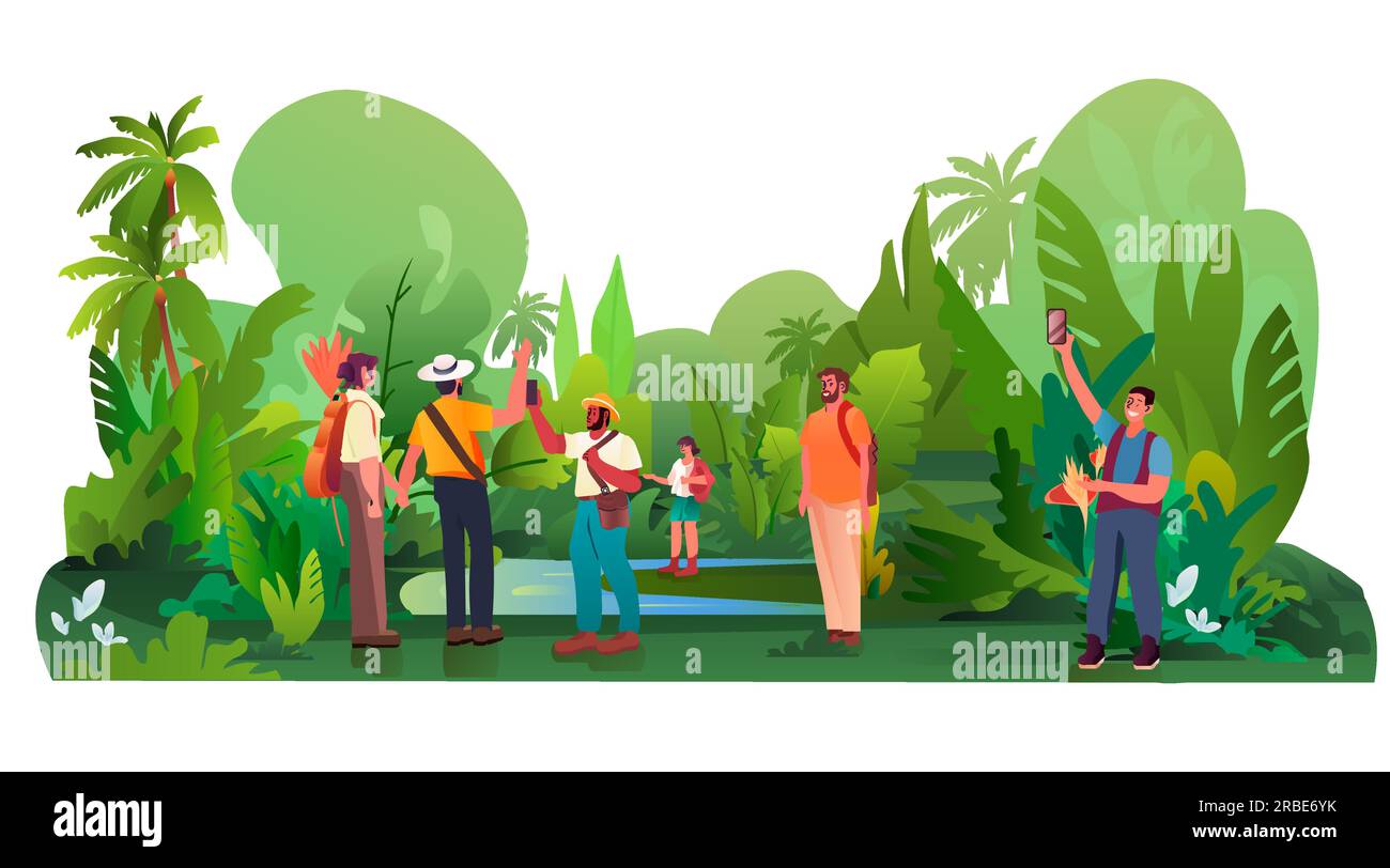 tourists taking photo in front of tropical jungle travel journey on holidays vacation people in summer tour Stock Vector