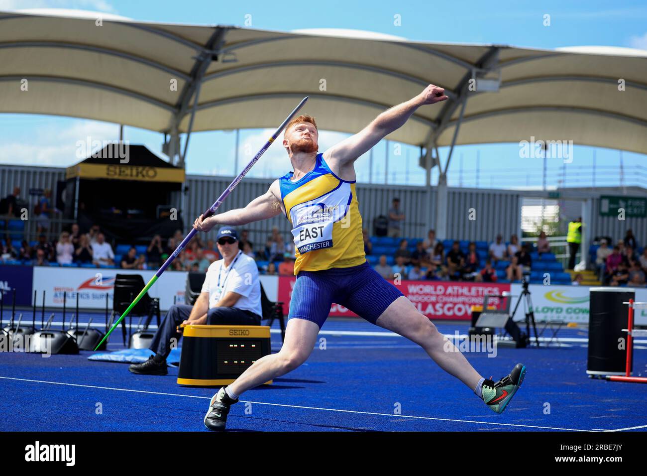 Benjamin East throws the Javelin during the UK Athletics Championships