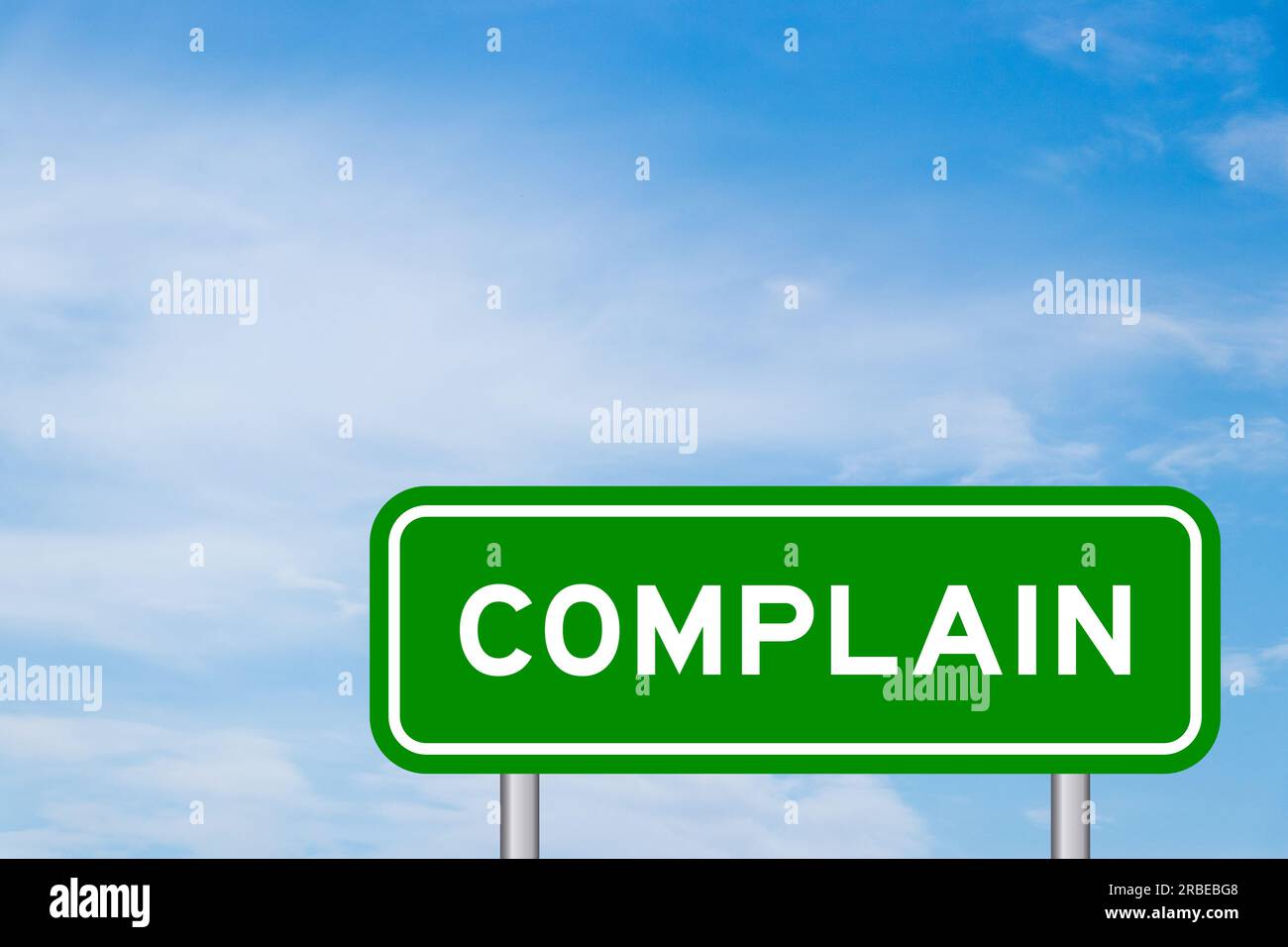Green color transportation sign with word complain on blue sky with ...