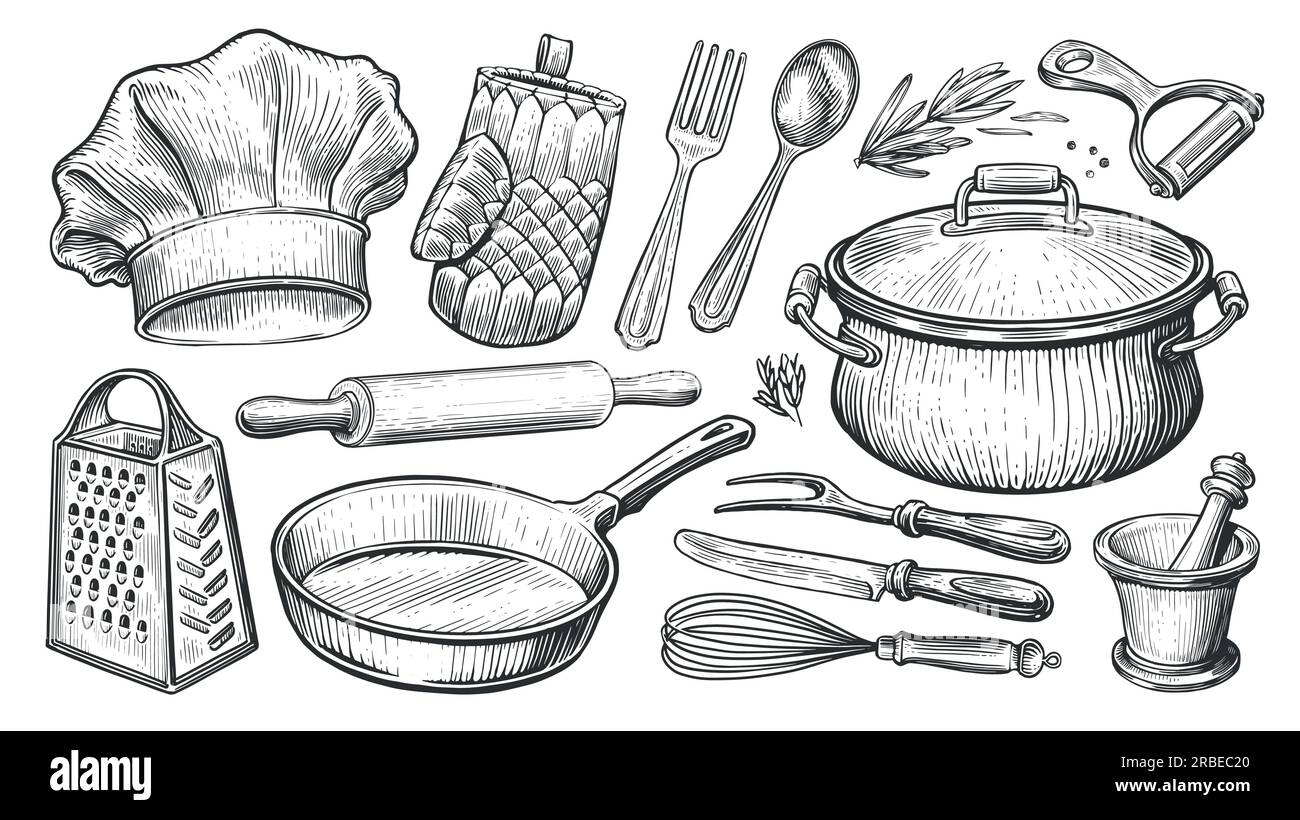 Cooking concept. Kitchen utensils set in vintage engraving style