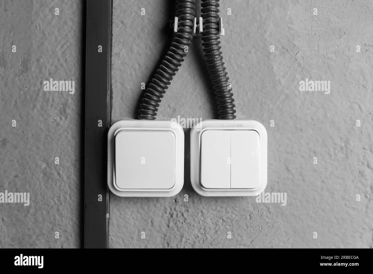 Light switch toggle power press button energy off electricity turn electric wall. Stock Photo