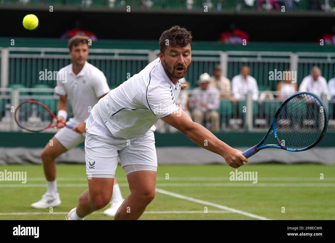 Jonny O'Mara (right) and Liam Broady (left) during their match against Rafael Matos and Francisco Cabral (not pictured) on day seven of the 2023 Wimbledon Championships at the All England Lawn Tennis and Croquet Club in Wimbledon. Picture date: Sunday July 9, 2023. Stock Photo