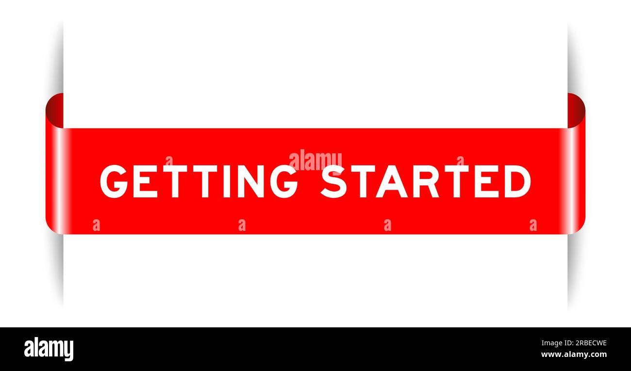 Red color inserted label banner with word getting started on white ...